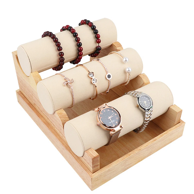 

3Tier High Quality Vintage Wood Velvet Bracelet Chain Watch T-Bar Rack Jewelry Organizer Hard Display Stand Holder