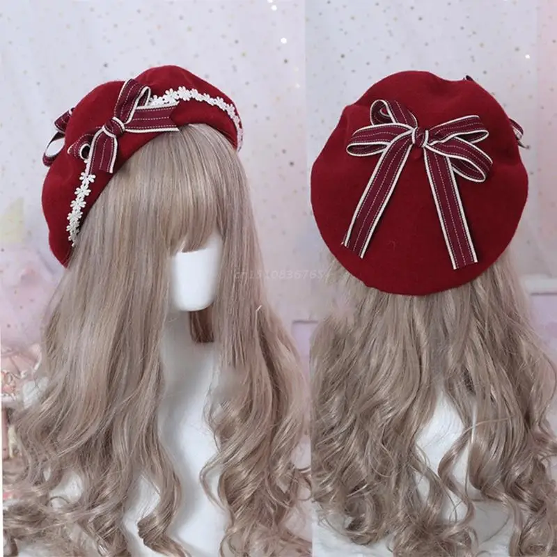 

Soft Sweet daisy Bow Hat French Biscuit Hat Beret Wool Painter Side Fold Hairpin Lolita Accessory Sweet Cute Female Hat