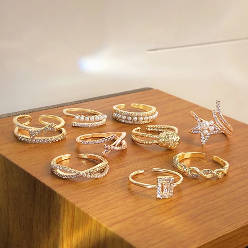 

Personalized Crystal Metal Ring for Women Korean Fashion Simple Open Ring Real Gold Electroplated Jewelry Set Wedding Rings Gift