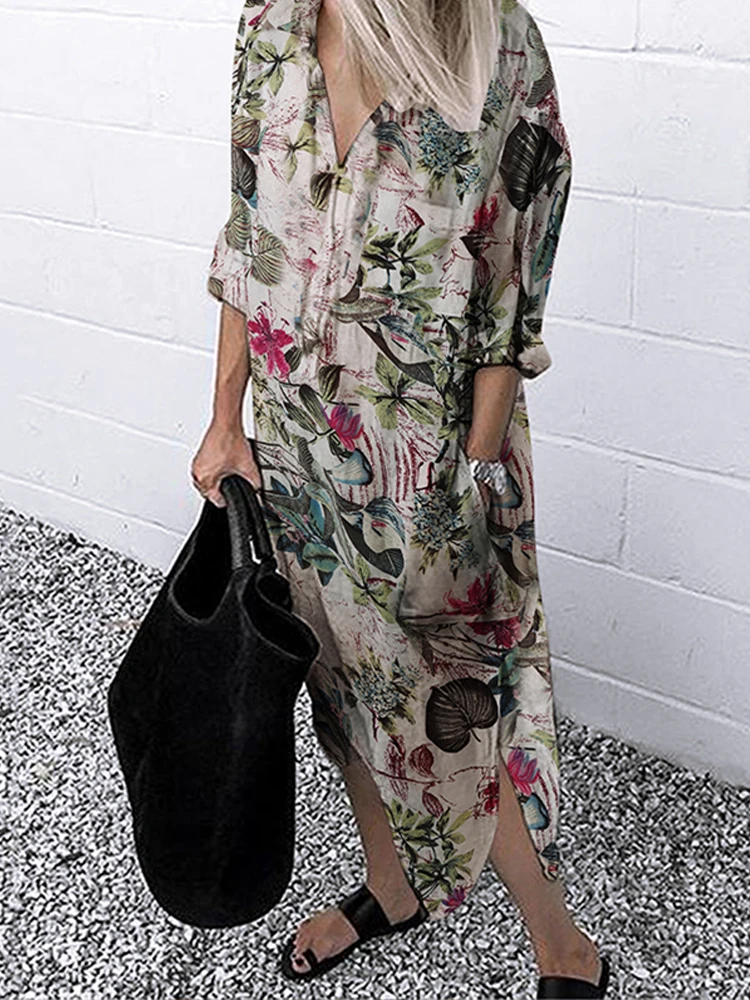 

2021 Women Lapel Long Sleeve Autumn Shirt Dress Cotton Split Dresses Elegant Solid Work Office Female Tunic Robe