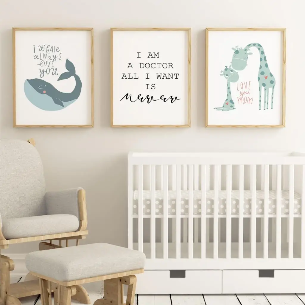 

Cartoon Dieren Walvis Giraffe Poster Nordic Kids Kinderkamer Decoratieve Muur Schilderen Poster Art Decor Canvas Schilderij