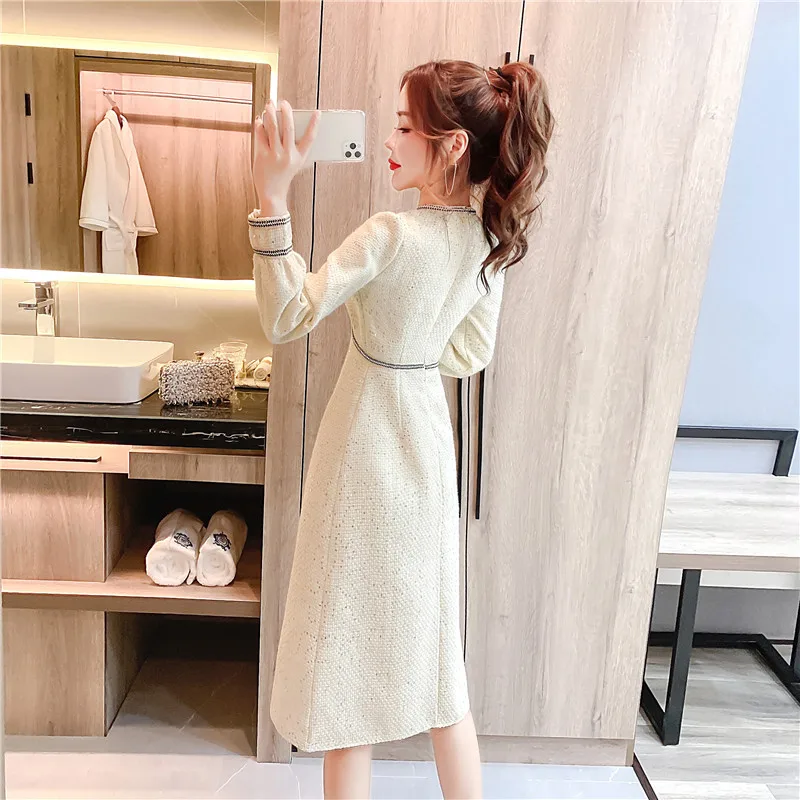 

2020 Autumn Winter Fashion women Dress Elegant Office OL Stitching Puff Sleeve Dress Female Fashion Chic Vestidos