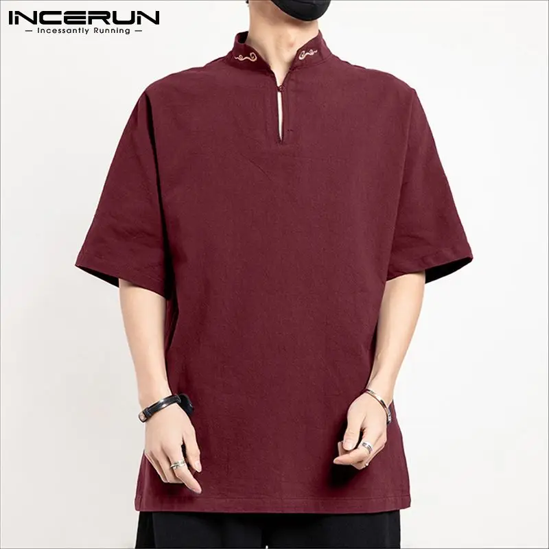 

Рубашка INCERUN мужская с вышивкой, короткий рукав, воротник-стойка, винтажный Повседневный Топ, уличная одежда, 2021 хлопок, в китайском стиле