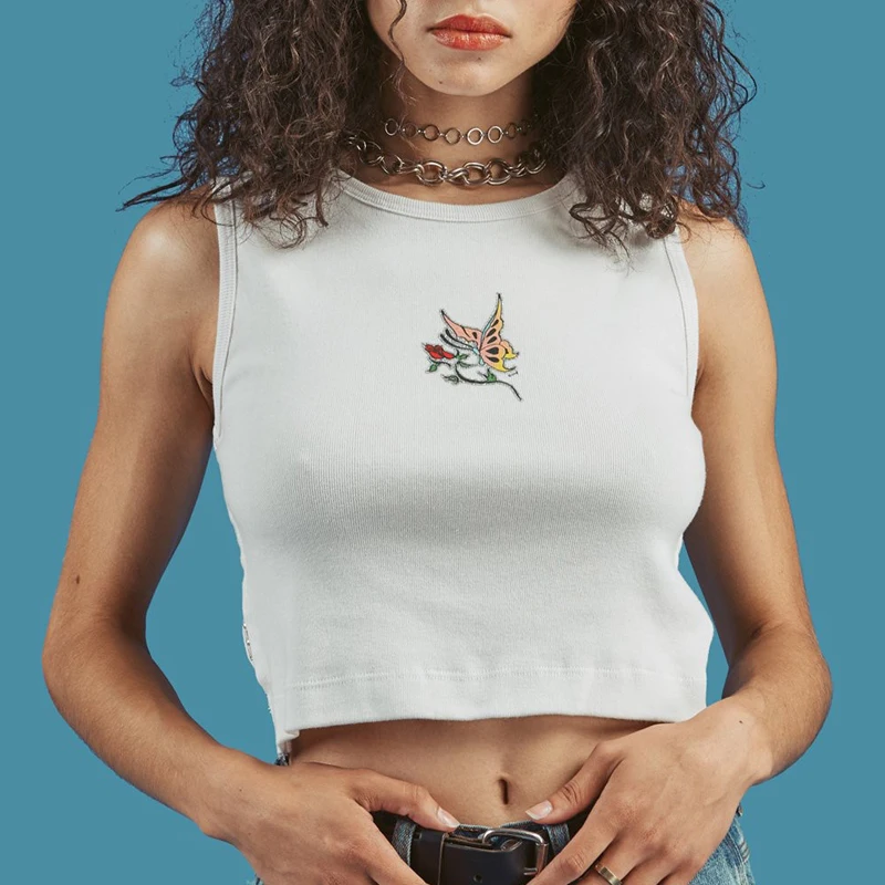 Женский топ с аппликацией в виде Розовых Бабочек повседневный белый хлопковый жилет стиле Харадзюку