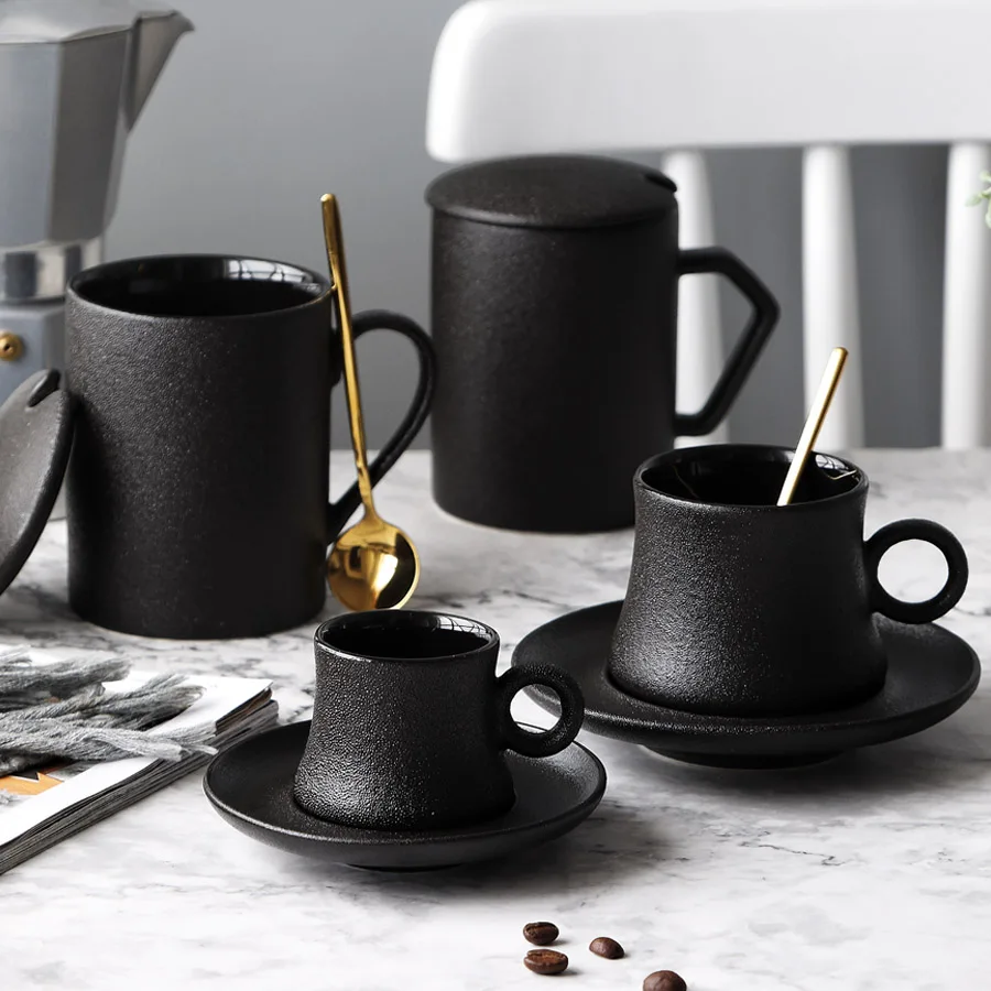 Copo e Pires Copos de Chá com Pires Decoração para Casa Preto Vintage Porcelana Cerâmica Escritório Japonês Taza Café Ceramica Oo50cs