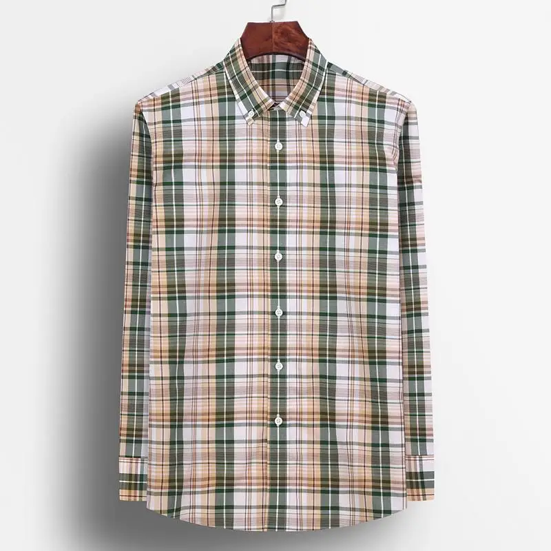 

England Style Long Sleeve Plaid Checkered Cotton Shirt Pocket-less Design Standard-fit Casual Button-down Men Gingham Shirts