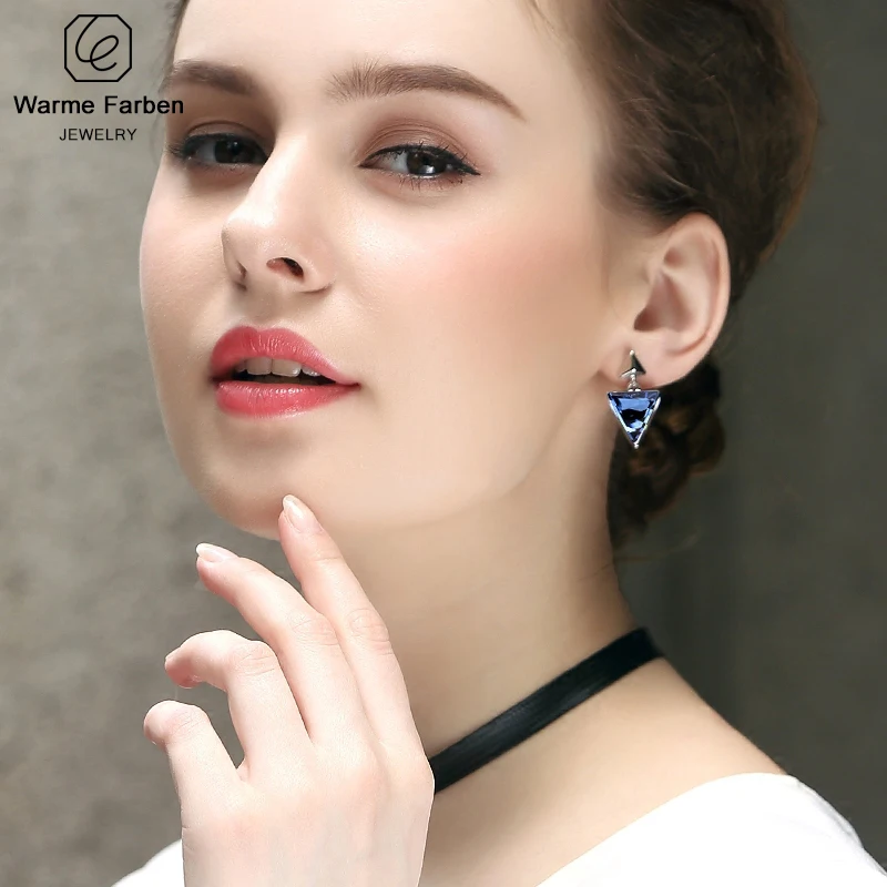 Warme Farben 925 пробы серебряные женские серьги с кристаллами от Swarovski треугольные геометрические свисающие серьги для банкета