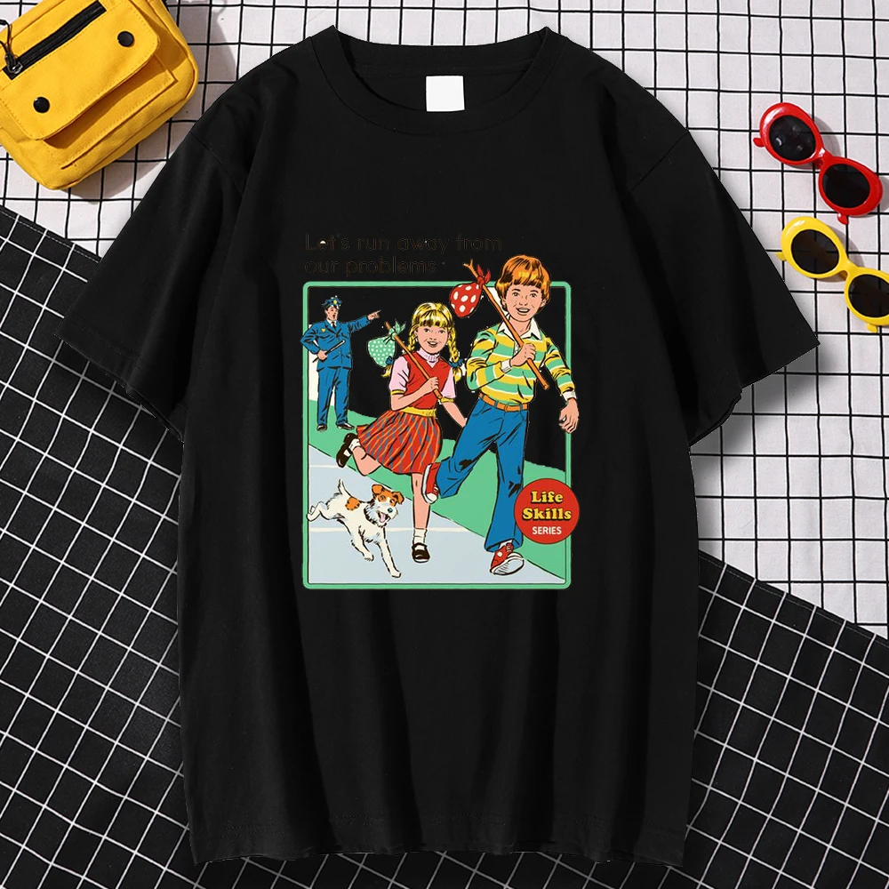 

Kohpweran classical pattern Let'S Run Away Artwork Printed Man Tshirt Vintage Traveling Streetwear Fashion Short Sleeved Casual