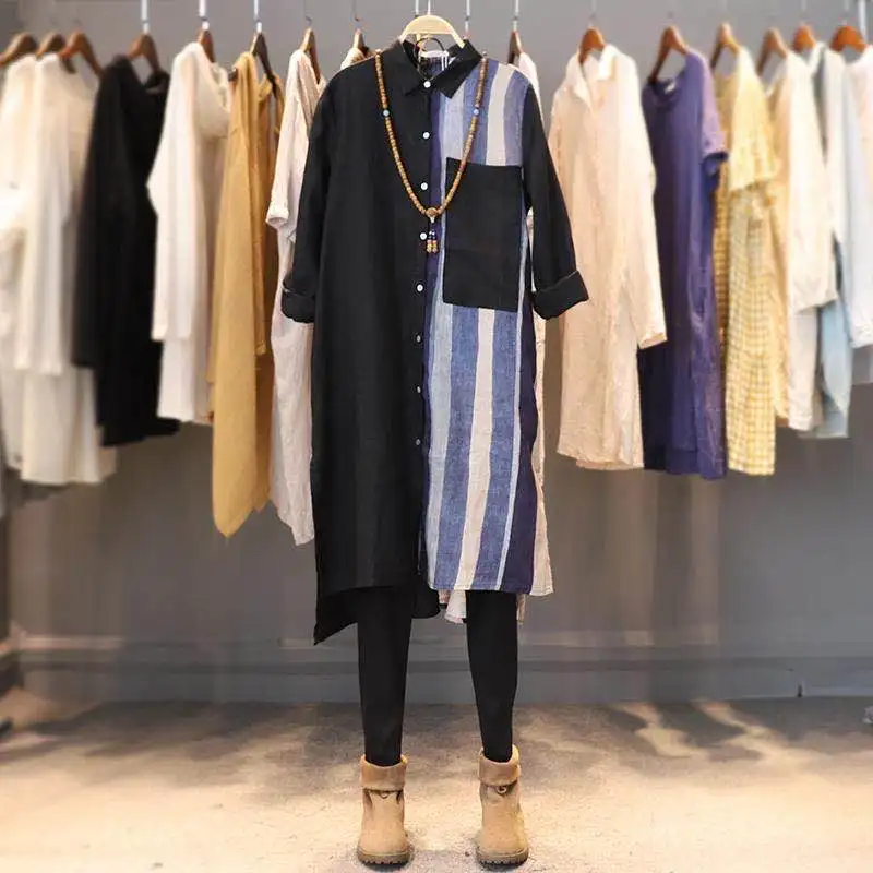

2020 autumn new product literary loose large size linen wild stripe stitching thin mid-length shirt dress