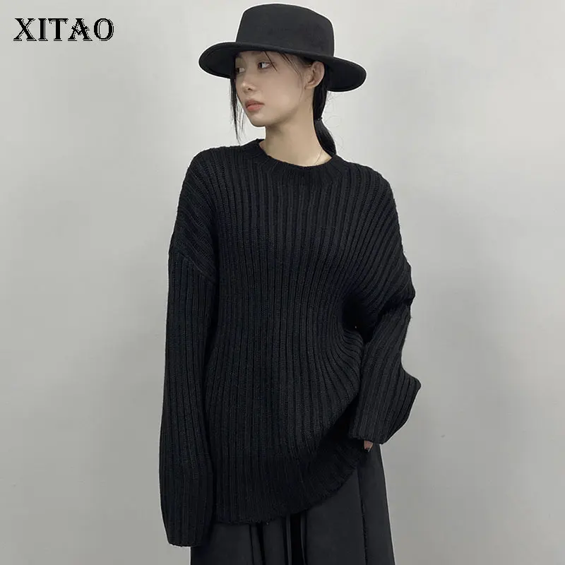 

XITAO/черные простые пуловеры; Модные повседневные однотонные универсальные свободные женские пуловеры с круглым вырезом; WMD4381