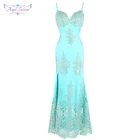 Женское веч. Платье на бретельках Angel-fashions, небесно-голубое длинное вечернее платье на тонких бретельках с цветочной вышивкой, модель 432