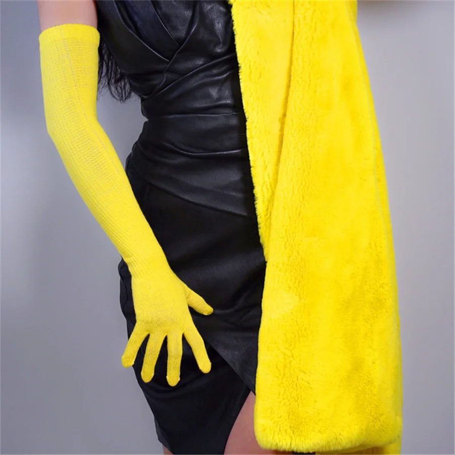 

Fashion Long Wool Gloves 55cm Knitting Five Fingers High Elastic Wool Women Warm Yellow S00235-8