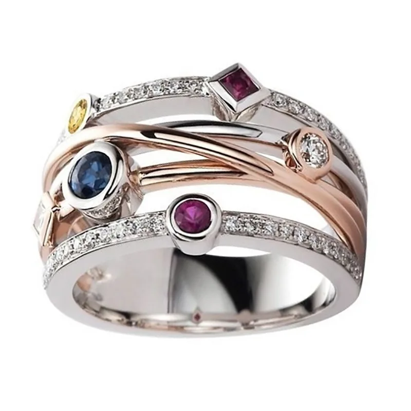 

NurmWung Fashion Geometric Lines Inlaid Multicolor Zircon Ring Four Seasons Charm Gift Personality Men And Women Wild Jewelry