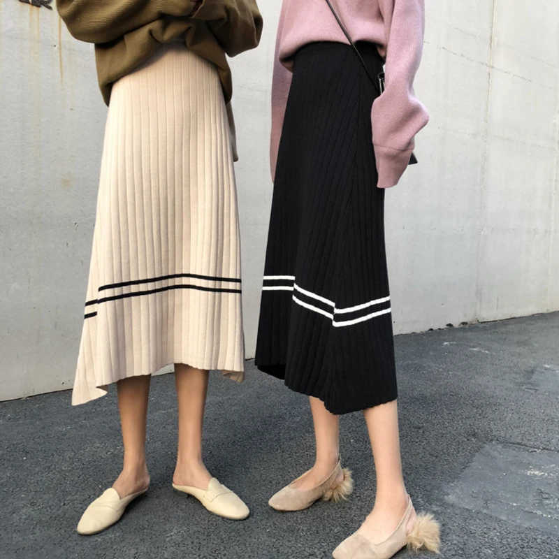 

Skirts Womens Apricot Elastic Waist Vintage Skirt Black Autumn Winter Knit Skirt Korean Chic A Line Stripe Casual Elegant