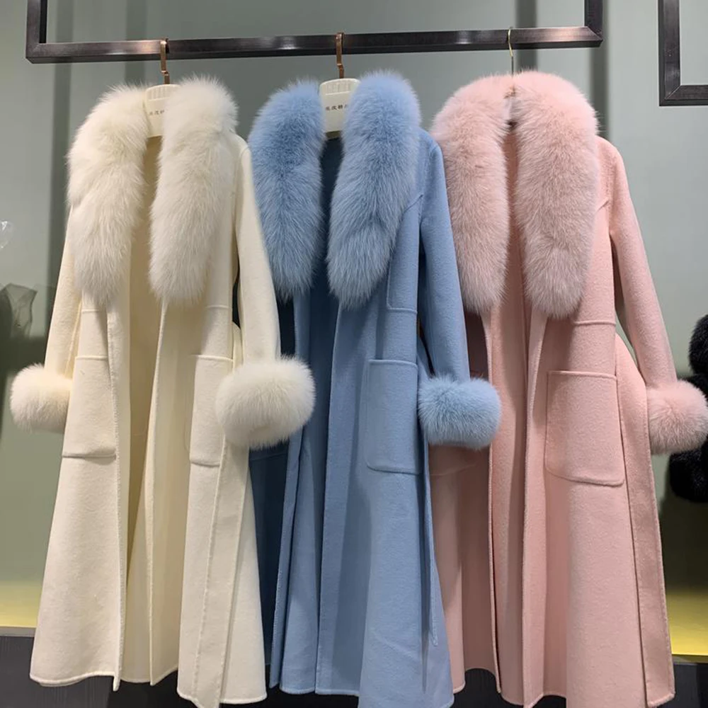 JAZZEVAR winter Coat Elegant Women Luxurious Natural Fox Fur Jacket X-Long Cashmere double faced Wool Outerwear Ladies coats enlarge