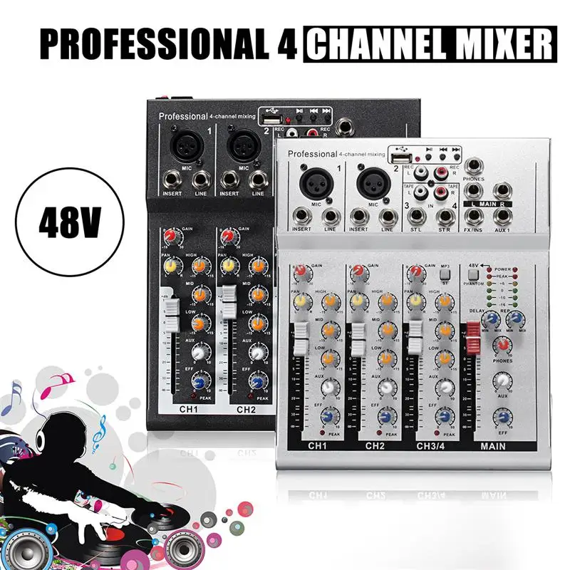 LEORY Профессиональный 4 канала Live DJ аудио микшер bluetooth звук микшерный пульт с USB MP3 Разъем для караоке KTV музыкальное шоу