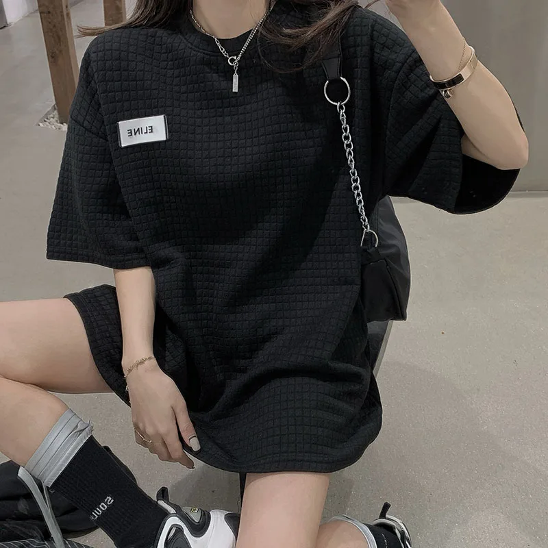 

Ruxin Press Grid 2021 Spring Thickening Unlined Upper Garment Female Korean Fashion Loose Lazy Wind Joker T-Shirt Half Sleeve