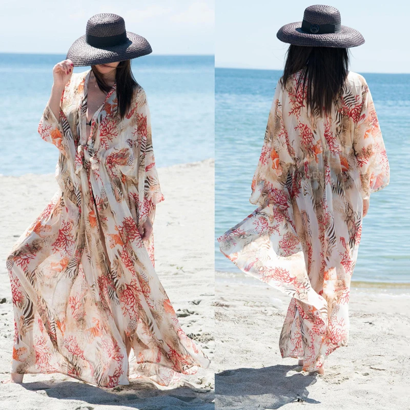 

2022 Chiffon Boho Dress Plus Size Beach Kimono Kaftan Beachwear Front Open Belt Beach Cover Up Robe Plage Swimsuit Cover Up