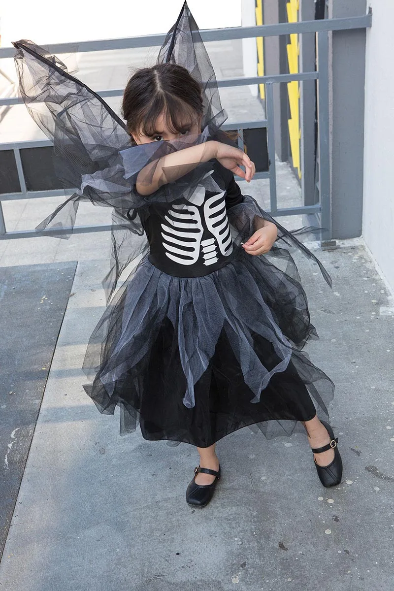 Хэллоуин ужас зомби Темный ангел костюм ребенок девочки кости скелета черепа