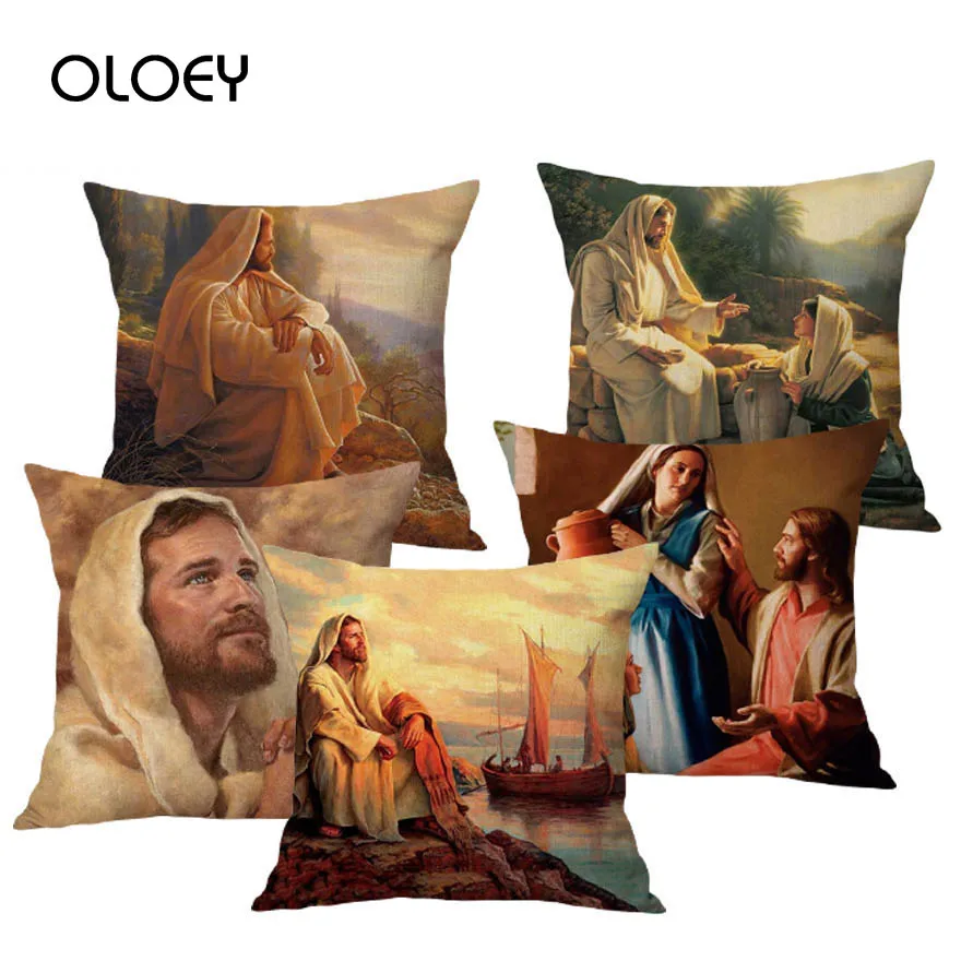 

45X45CM Oil Painting Home Decoration Pillowcase Jesus Christ Portrait Christian Art Cotton Linen Cushion Cover Car Decoration .