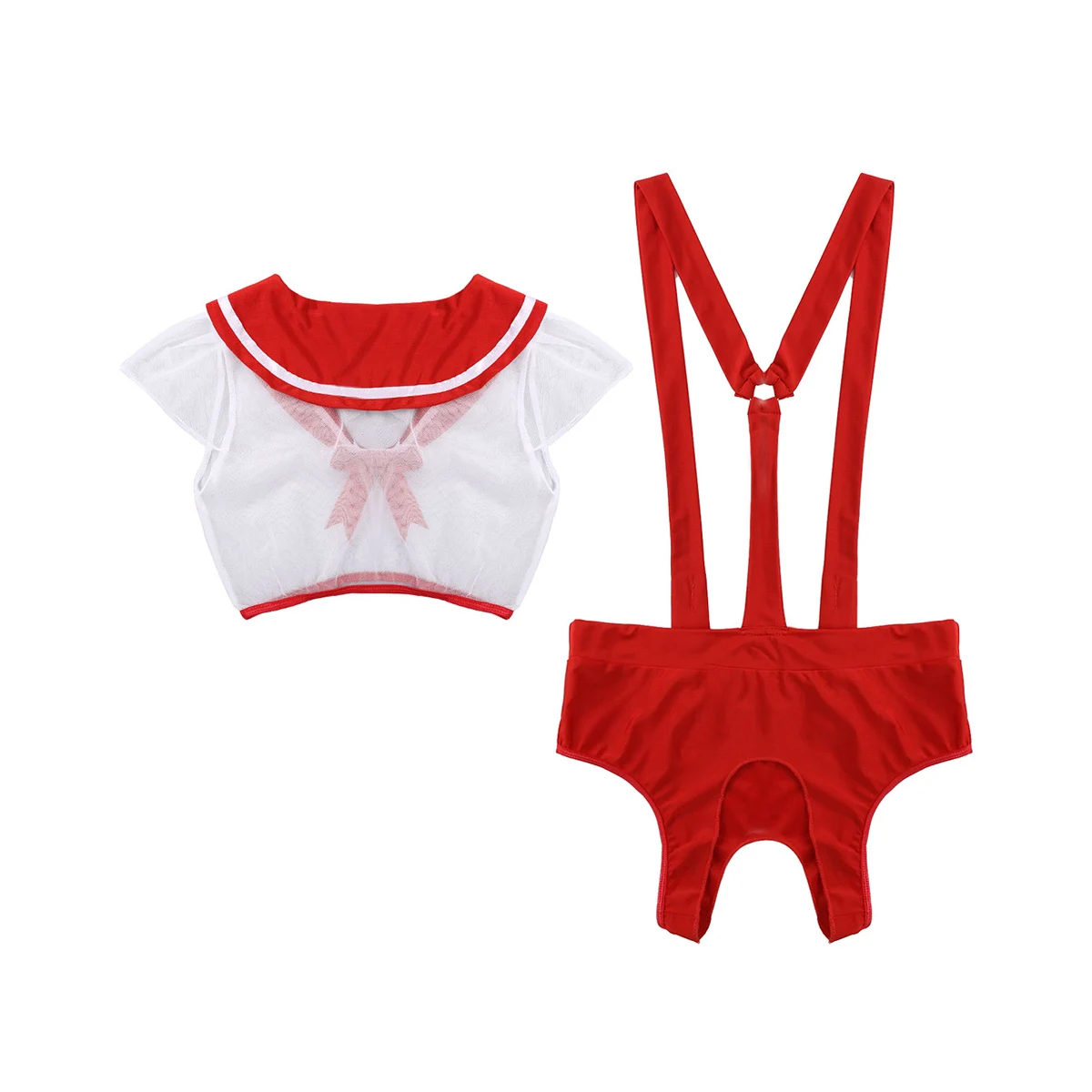Hot Women Adults Japanese Schoolgirl Cosplay Costume Sexy Uniform Cap Sleeves See Through Crop Tops&ampCrotchless Suspender Bottoms |
