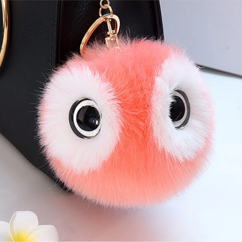 Fashion Faux Rabbit Fur Ball Panda Pompom Keychain Fluffy Pom Pom Owl Gold Key Chain Holder Women Bag Charms Toy Trinket Gift