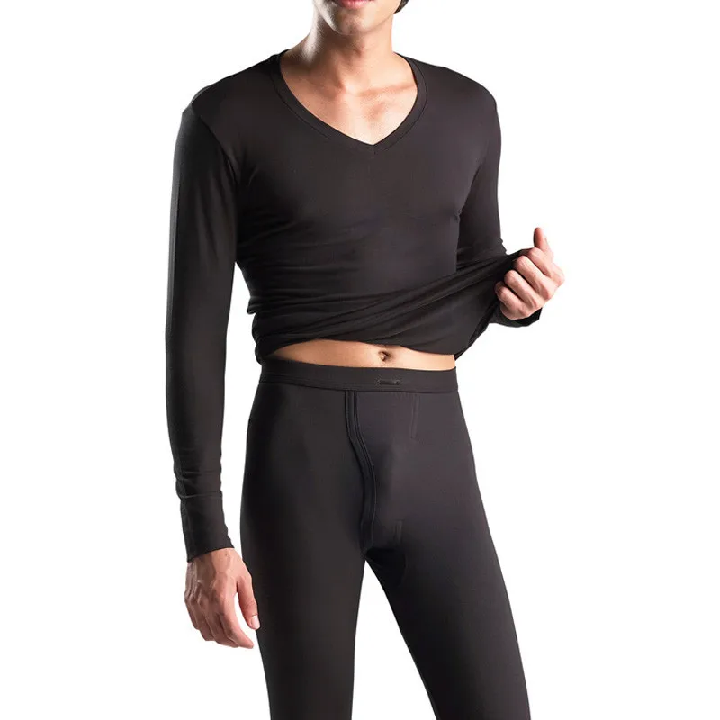 

New Men's Stretch Lycra V-neck Fitting and Tight Bottoming Suit Modal Thermal Autumn Clothes Two-piece Thin Underwear Set