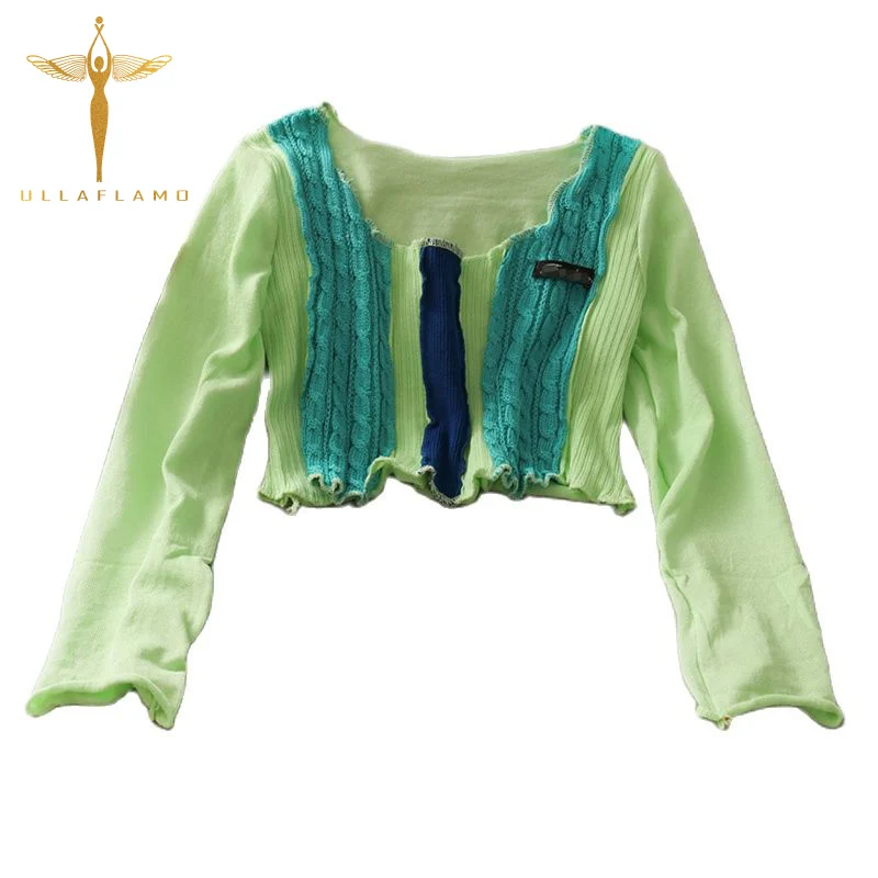 

O-Neck Long Casual Sleeve T-Shirts Womens Clothing Bright Line Patchwork Thin Crop Tops Female Sweet Pink Crop T-Tops Street