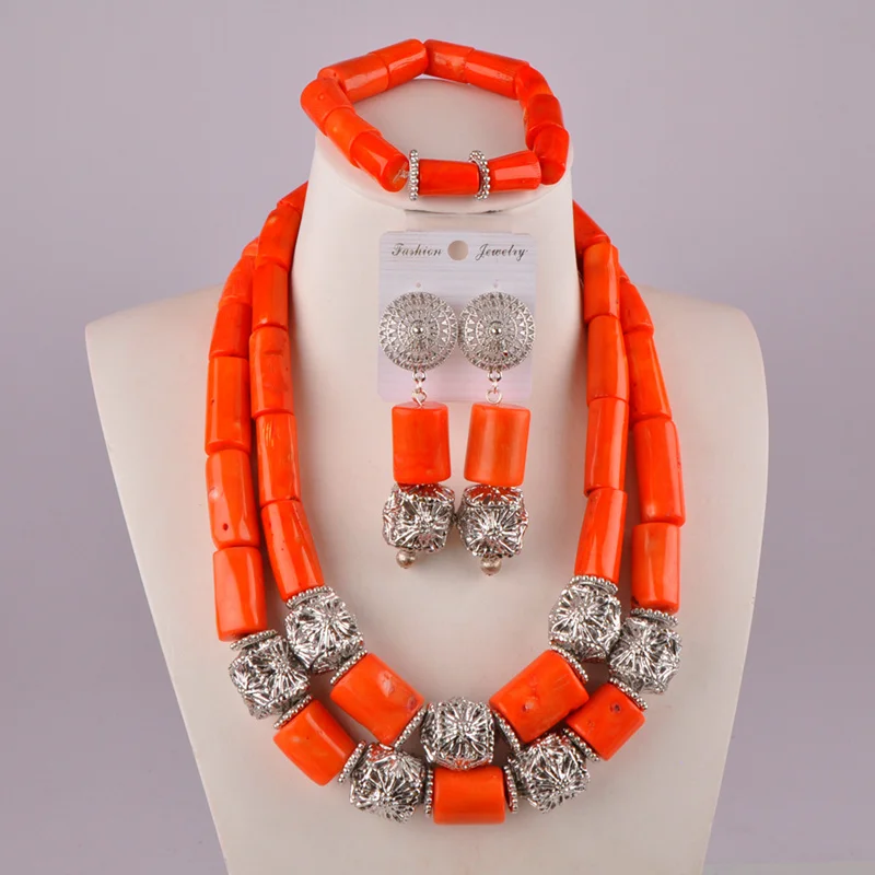 

fashionable orange nigerian coral beads necklace jewelry set african wedding coral set C21-37-04