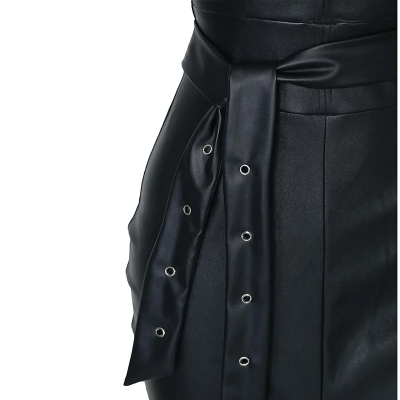 

Backless pu leather dress Women high split black tight party dress Sexy night club wear low cut bodycon dresses belted vestidos