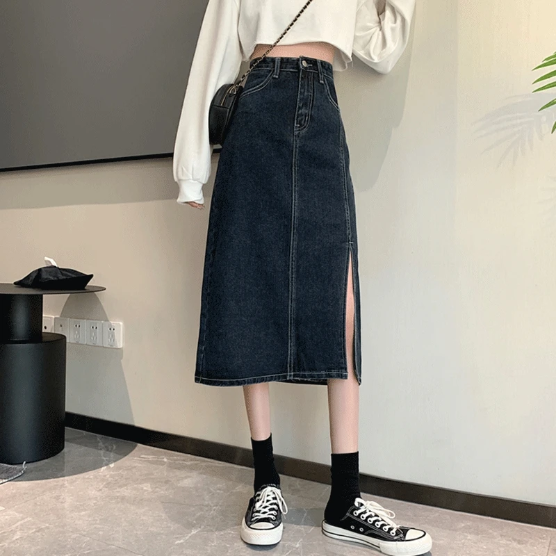 

Women Denim Long Skirts New 2021 Autumn Korean Style Streetwear Vintage Solid Color High Waist Ladies A-line Jean Skirt W730