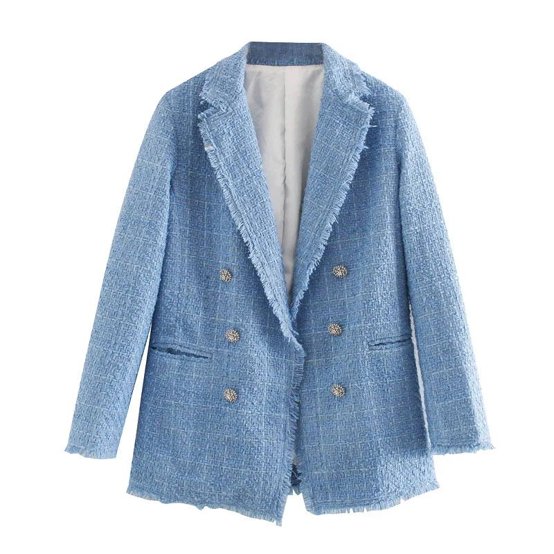 

Women 2021 Fashion Office Wear Double Breasted Tweed Blazer Coat Vintage Long Sleeve Frayed Female Outerwear Chic Tops