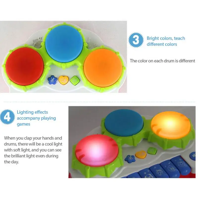 

2 In 1 Children's Funny Electric Hand Drum Toy Sound And Cute Light Musical Educational Electronic Organ For Baby Kids Learning