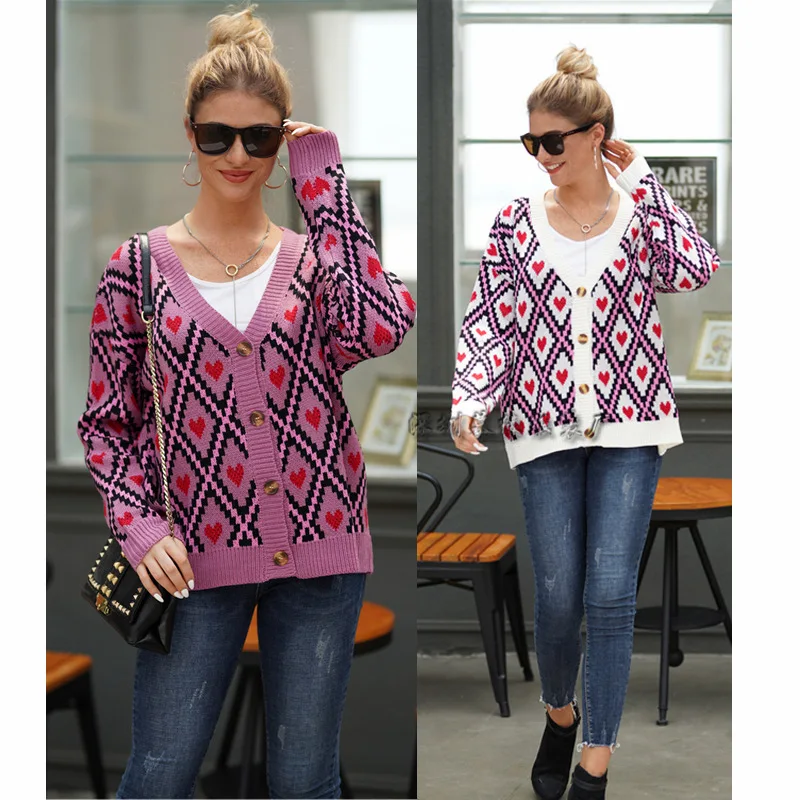 Heart Print Ladies Knitted Cardigan Female Casual Single Breasted Jumper Autumn Winter V-Neck Oversized Women Sweater Tops |