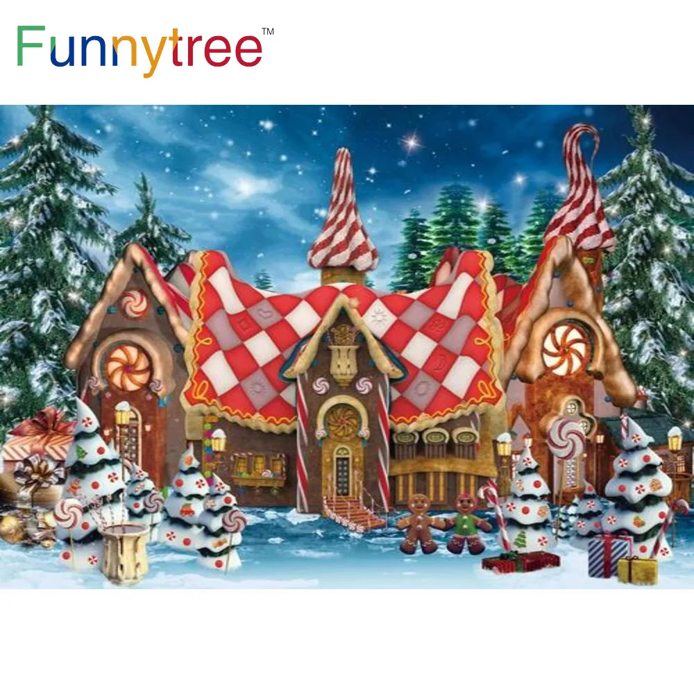 

Funnytree Christmas Party Winter Forests Gingerbread Cookie House Background Snow Gifts Stars Night Fairy Photophone Backdrop