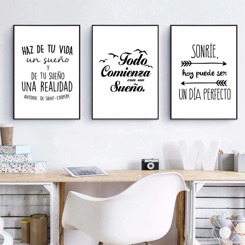 

Hd Printing Black Spanish Letters Positive Quote Frameless Canvas Painting Wall Art Print and Poster Home Decoration for Bedroom