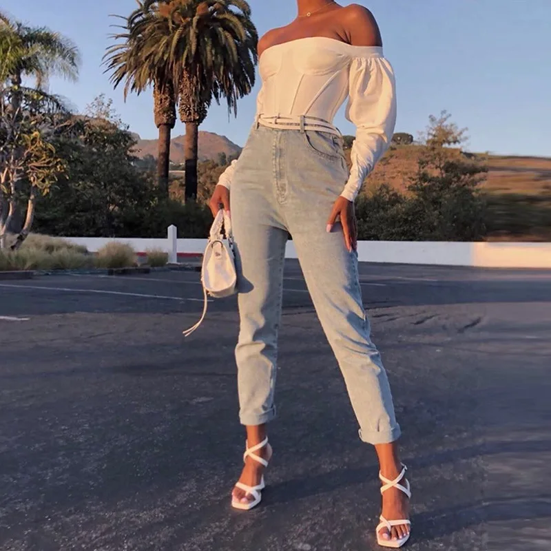 2020 Slash Neck Long Sleeve White Solid Sexy Crop Tops Autumn Winter Women Streetwear Club Party Outfits T-shirts | Женская одежда