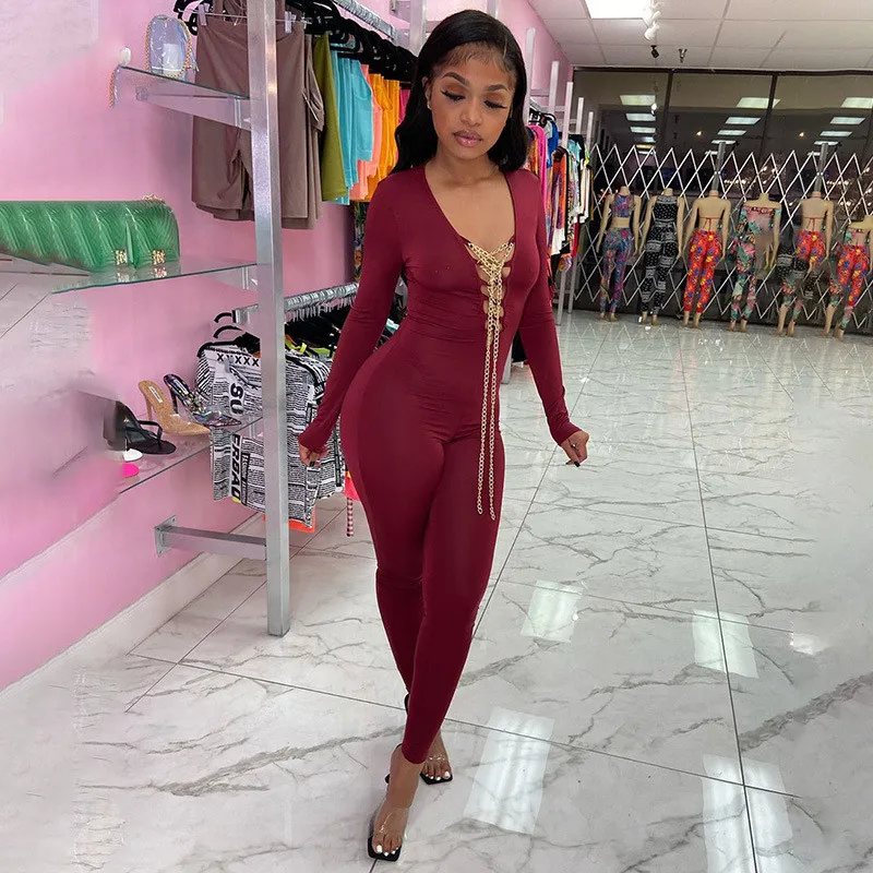Autumn Women High Street Sexy V Neck Jumpsuit Hollow Out Lace Up Chain Long Sleeve Bodycon Slim Club Romper Playsuit Streetwear
