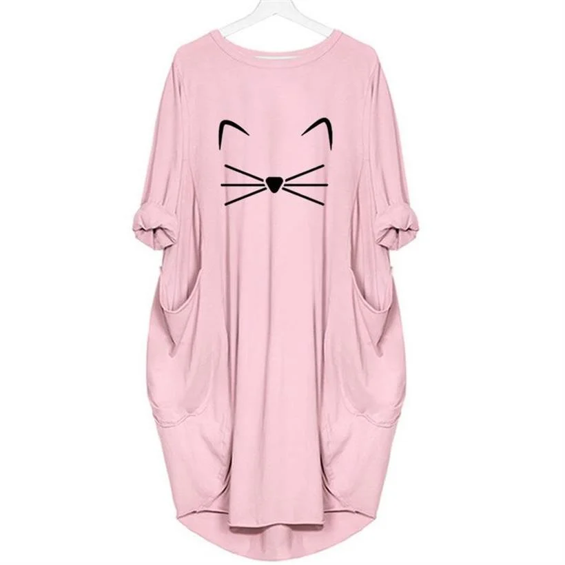 

Fashion 2021 Summer Women Loose With Pocket Dress Cat Pattern Cute Print Tees Dress Kawaii Plus Size Vintage Long Sleeve Dresses