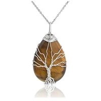 silver plated wire wrap water drop tiger eye stone pendant link chain necklace opalite opal tree of life jewelry