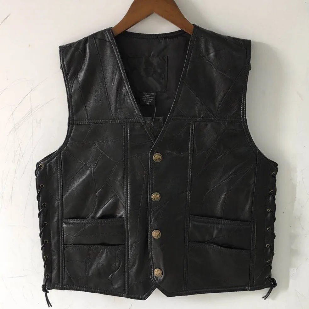 

2021 Men's Leather Stitching V-neck Vest Fashion Sheepskin Single-Breasted Vest