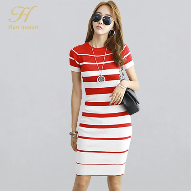 

H Han Queen New Autumn Women Vintage Stripe Knitted Dresses Office Bodycon Pencil Sheath Dress Elegant Simple Bottoming Vestidos