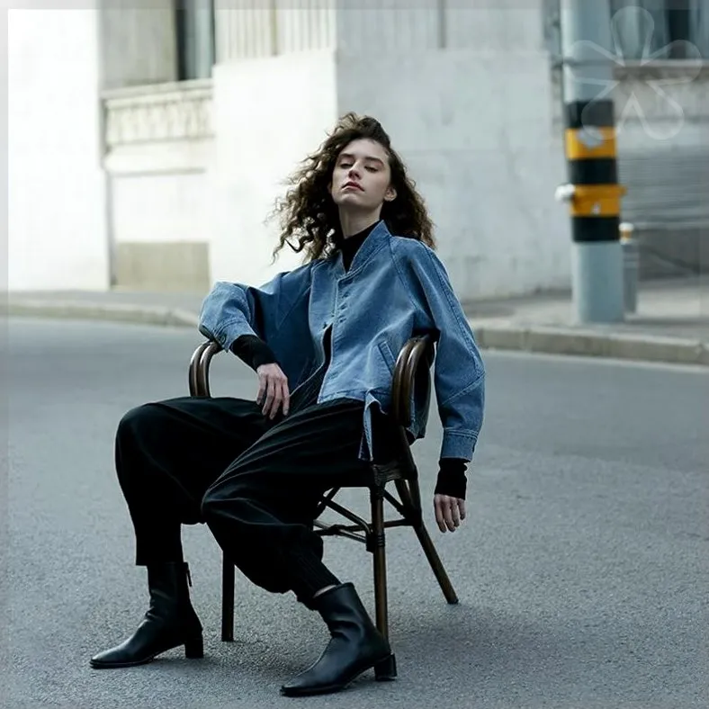 Женская однобортная джинсовая куртка Повседневная облегающая однотонная