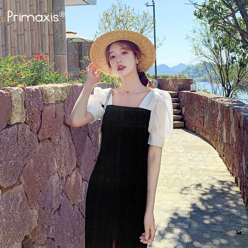 

Primaxis summer women's dress 2022 Black square neck dress Bubble sleeve mesh stitching French Mid length dress