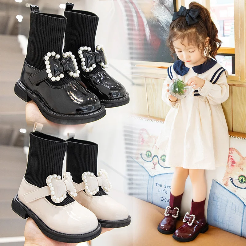 

2021 Winter And Autumn Girls Knitted Shoe Mouth Mid-calf Boots Children Beaded Princess Bow Black Versatile Dress Simple Boots
