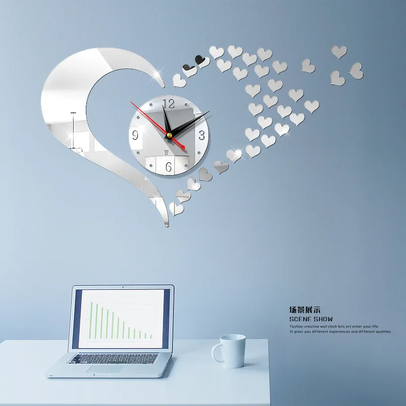 

New Design Mirror Lovely Hearts Wall Clock Decal DIY Art Mirror Stickers Watch Wall Decorations For Living Room Wall Ornament