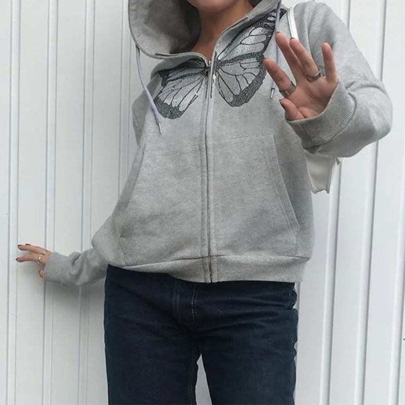 

Women Autumn Long Sleeve Gray Hoodies Jacket Harajuku Butterfly Rhinestone Drawstring Sweatshirt Zipper Up Oversized Loose Outwe