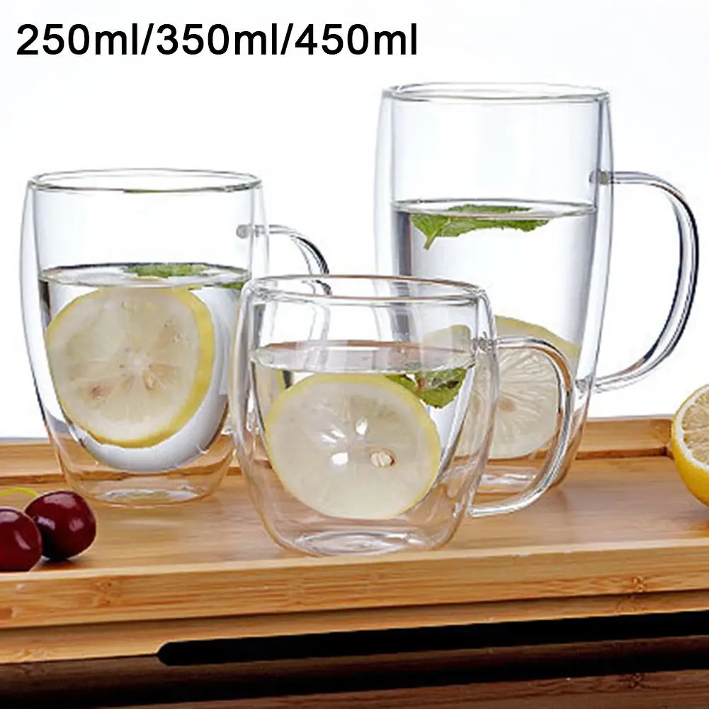 

250/350/450ml Portable Glass Clear Water Cup Coffee Mug Double Wall Insulated Handle Drinking Cup Drinkware Drinking Mugs