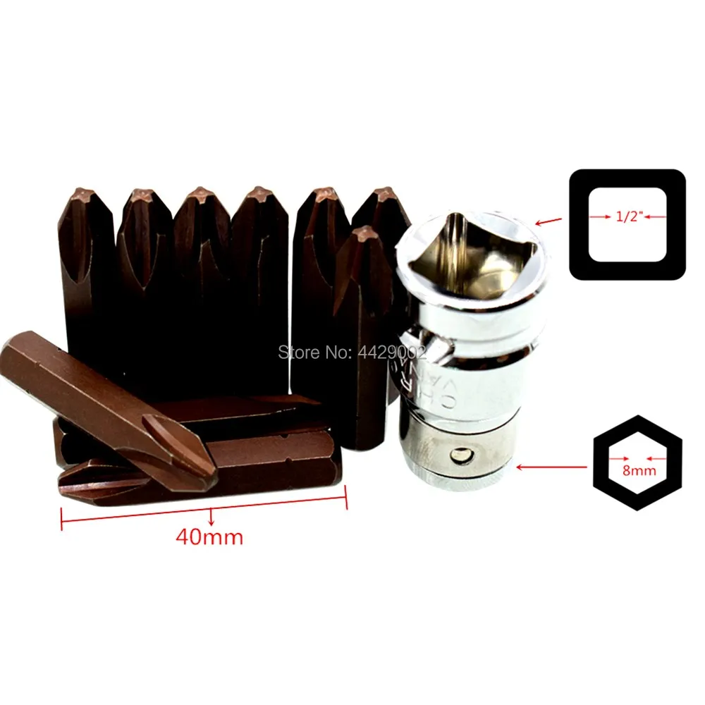 

1/2" Square to 8mm Hex Conversion Adaptor Converter Bit Adapter + 10pcs PH3 40mm Impact Drill Driver Screwdriver Bits Shank 8mm