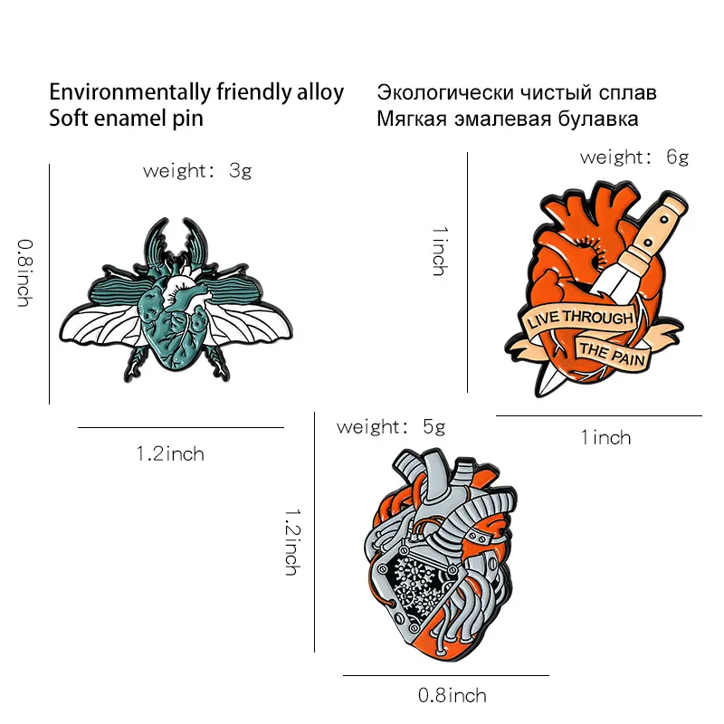 

Hottest Live Through the Pain Enamel Pins Custom Organ Heart Moth Dagger Brooch Lapel Badge Bag Punk Jewelry Gift for Friends